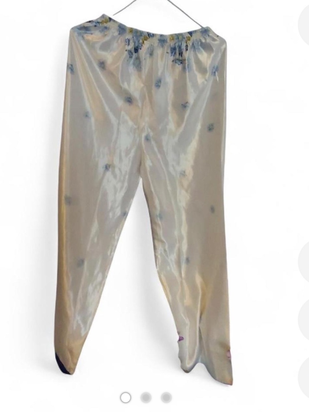 Satin cream elasticized waist band pajama pants with blue floral print pattern